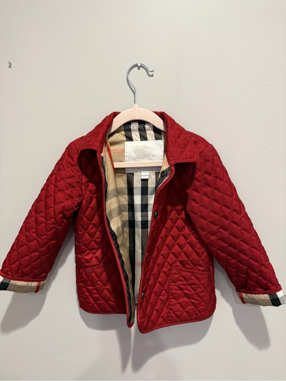 Burberry Red Quilted Kids Puffer Jacket with Check Lining